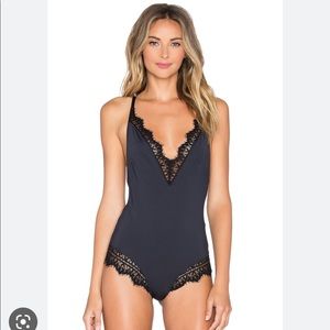 Eyelash Lace Trim bodysuit Deep V Black Lace NWT SIZES XS-L